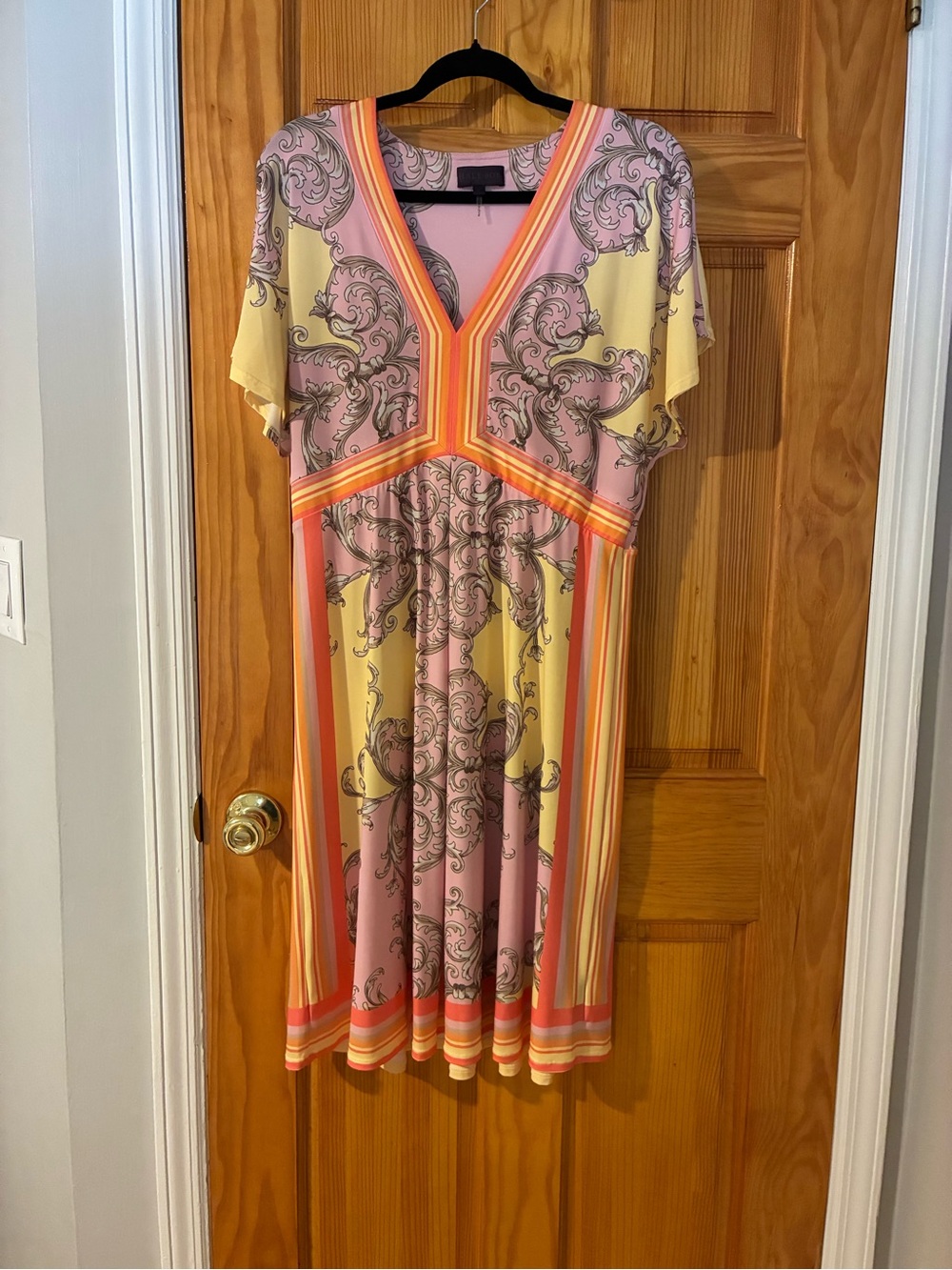 Hale Bob Pink and Yellow Printed V-Neck Midi Dress